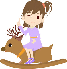 木馬風のおもちゃに座る可愛い女の子供のイラスト