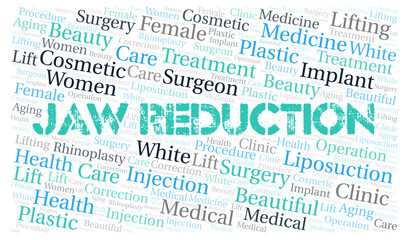 Jaw Reduction typography word cloud create with the text only. Type of plastic surgery