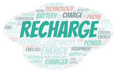 Recharge typography word cloud create with the text only.