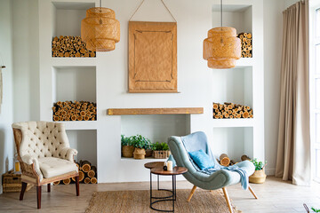 Scandinavian-style interior with fireplace, niches in wall where wood is stored