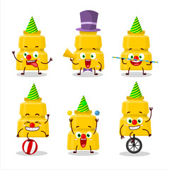 Cartoon character of mustard with various circus shows