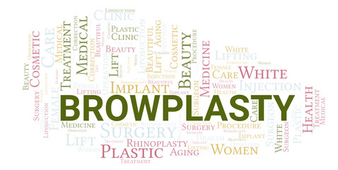 Browplasty typography word cloud create with the text only. Type of plastic surgery