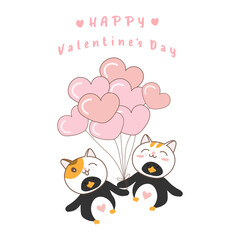cute character design couple love of penguin cat with Heart balloons for Happy Valentine's day.