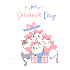 Cute cat in gift box for Valentine's day on pastel color. hand drawn illustrations, doodle cartoon character.