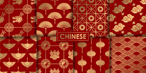 Golden chinese seamless pattern collection, Abstract background, Decorative wallpaper.