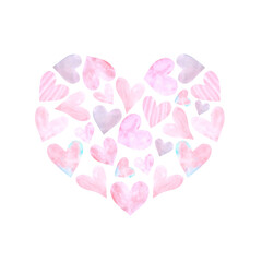 Large background Heart of small watercolor hearts. Hand drawn. Love romance theme for birthday, Valentine's day, greeting card, wedding, wrapping paper