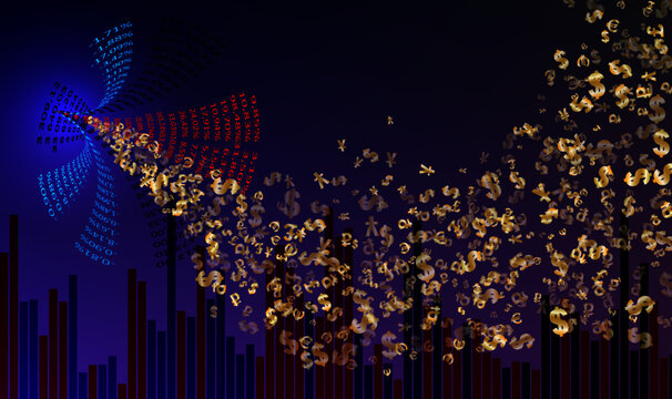 Business Finance. Background illustration of financial processes. The blue background shows the source of abundance in the form of a funnel of analytical data from which money flows in large quantitie