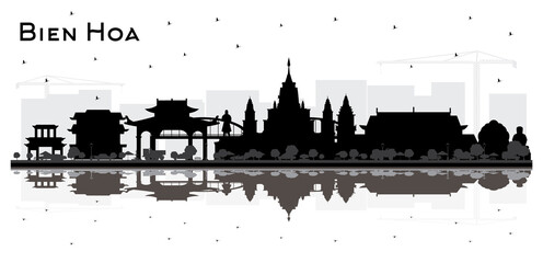 Bien Hoa Vietnam City Skyline Silhouette with Black Buildings and Reflections Isolated on White.