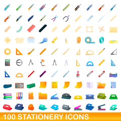Fototapeta na wymiar 100 stationery icons set. Cartoon illustration of 100 stationery icons vector set isolated on white background