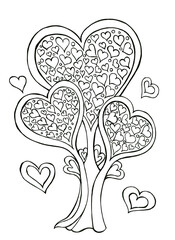 Illustration with hand drawn decorative stylized hearts tree. Coloring.Doodle style, illustration of Valentine's Day. Coloring ornamental cute hand drawing Series of doodle cartoon sketch illustration