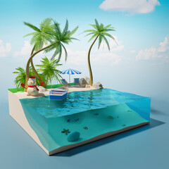 View of a tropical island in the ocean in the section. 3D illustration
