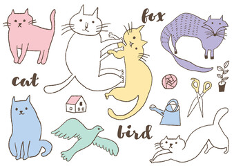 猫と鳥と狐イラスト