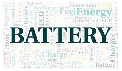 Battery typography word cloud create with the text only.