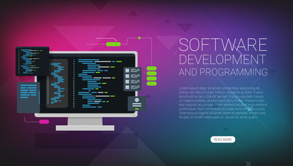 Software development and programming, program code on laptop screen, big data processing, computing