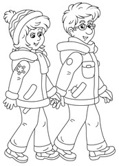 Fototapeta na wymiar Young man and woman friendly smiling, talking and walking together hand in hand on a winter stroll, black and white outline vector cartoon illustration