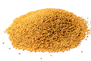 Heap of yellow Egyptian Helba tea isolated on white background, side view