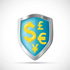 Currency symbols on the shield. Vector icon