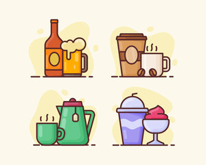 drink beverage icon set collection package cold beer hot coffee green tea ice cream with flat style