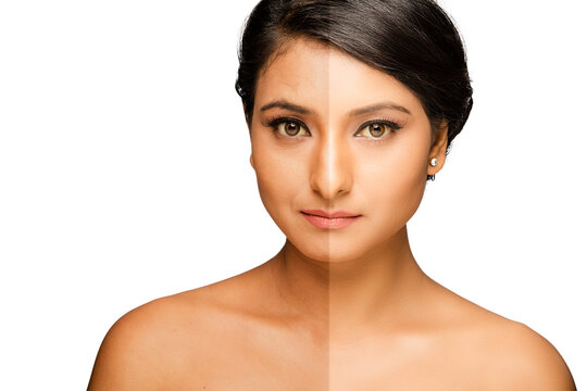 Before and after of Beautiful women portrait with retouch.