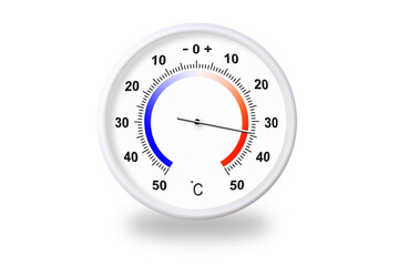 Outdoor thermometer on white background. Ambient temperature plus 34 degrees celsius