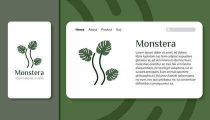 monstera logo and icon with mobile app and landing page template vector illustration