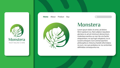 monstera logo and icon with mobile app and landing page template vector illustration © amindachoirun