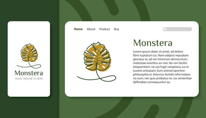 monstera logo and icon with mobile app and landing page template vector illustration
