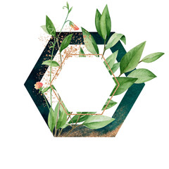 Fototapeta premium Watercolor hexagon frame isolated on white background. Large tropical leaves. Gold splashes, veins and elements. The texture of marble, malachite. Border in royal style. Greeting card, poster