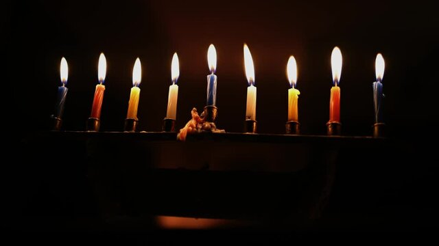 Hanukkah menorah (chanukiah) burning on the last night of the holiday