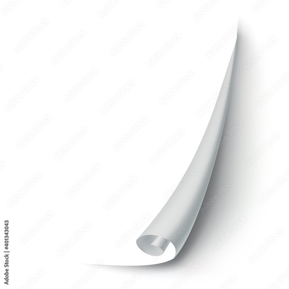 Poster curled paper corner. curve page corner, page edge curl and bent paper sheet with realistic shadow. p
