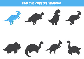 Find the correct shadow of cartoon dinosaur. Logical worksheet.