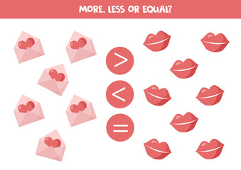 More, less, equal with cute valentine elements. Math game.