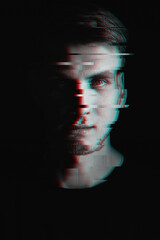 Black and white portrait of a man with glitch effect