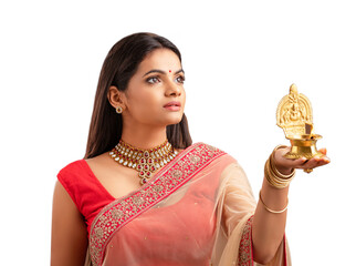 Hindu Indian young women holding Deepam in hands. ( Kamatchi vilakku )