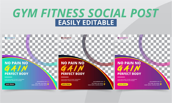 Fitness Gym Social Media Post Set for Workout Studio & Club Header & Offer Ads Templates Design Collection. Modern Geometric Bodybuilding Promo Sports Social Media Post Square Layouts Web Banner.