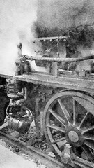 Fototapeta na wymiar black and white watercolor style of a vintage steam locomotive