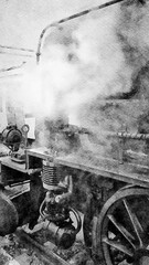 black and white watercolor style of a vintage steam locomotive