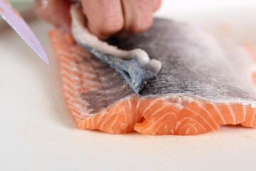 Removing Skin from Salmon Fillet. Making Salmon in Puff Pastry Series.
