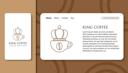King coffee logo and icon with mobile app and landing page template vector illustration