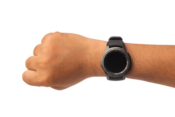 hand wearing smart watch isolated on white.