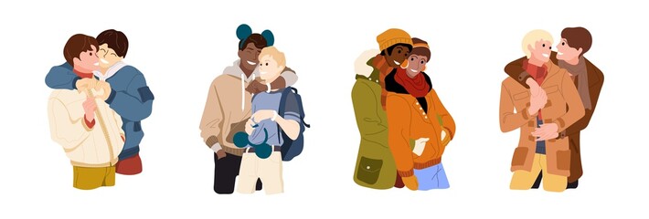 Collection of different homosexual couple on isolated white background. International gay relations. Enamored males romantic date on the street. Multiracial lgbt mens pair. Vector stock illustration.