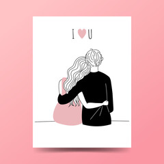 Cute couple sitting while hugging. Minimalism hand drawn style Valentine post card.