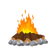 Fireplace campfire. Burning fire travel and adventure symbol. Vector bonfire or woodfire in cartoon flat style. A tourist bonfire in the form of stack hut pyramid well blazing with yellow-red fire