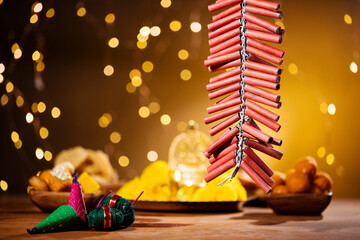 Diwali fire cracker and Diya decoration on Diwali day