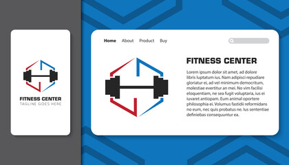 modern fitness logo and gym icon with mobile app and landing page template vector illustration