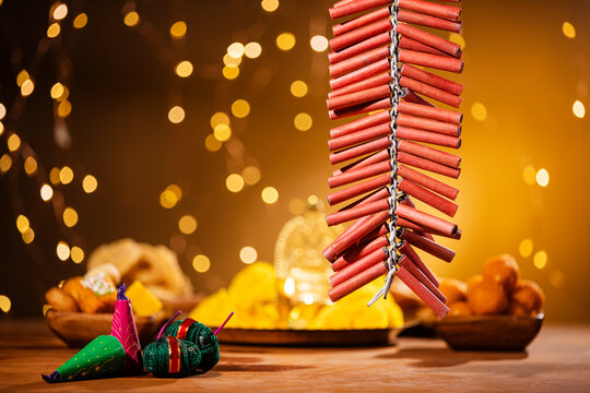 Diwali Fire Cracker And Diya Decoration On Diwali Day