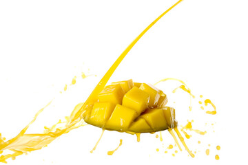 Fresh mango and splash of juice on white background