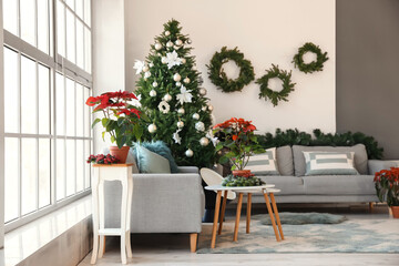 Interior of living room decorated for Christmas