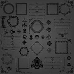 Vintage set of horizontal, square and round elements. Different elements for backgrounds, frames and monograms. Classic patterns. Set of vintage black patterns