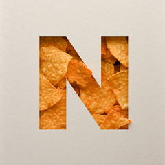 Font design, Abstract alphabet with triangle corn chips, realistic leaves typography - N